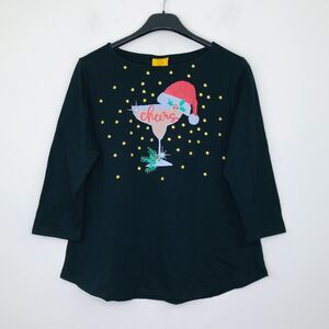 Ruby Rd Women's PL T-Shirt Black Christmas Cheers Graphic 3/4 Sleeve Tee NWT